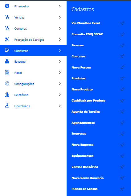 Menu Cadastros do ClassMark ERP