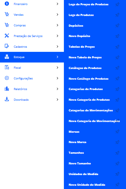 Menu Estoque do ClassMark ERP