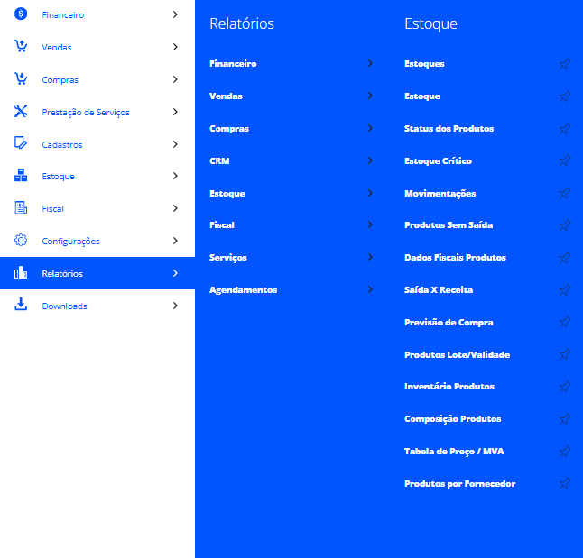 Menu de relatórios de Estoque do ClassMark ERP