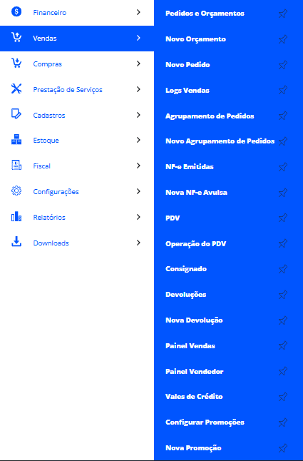 Menu Vendas do ClassMark ERP